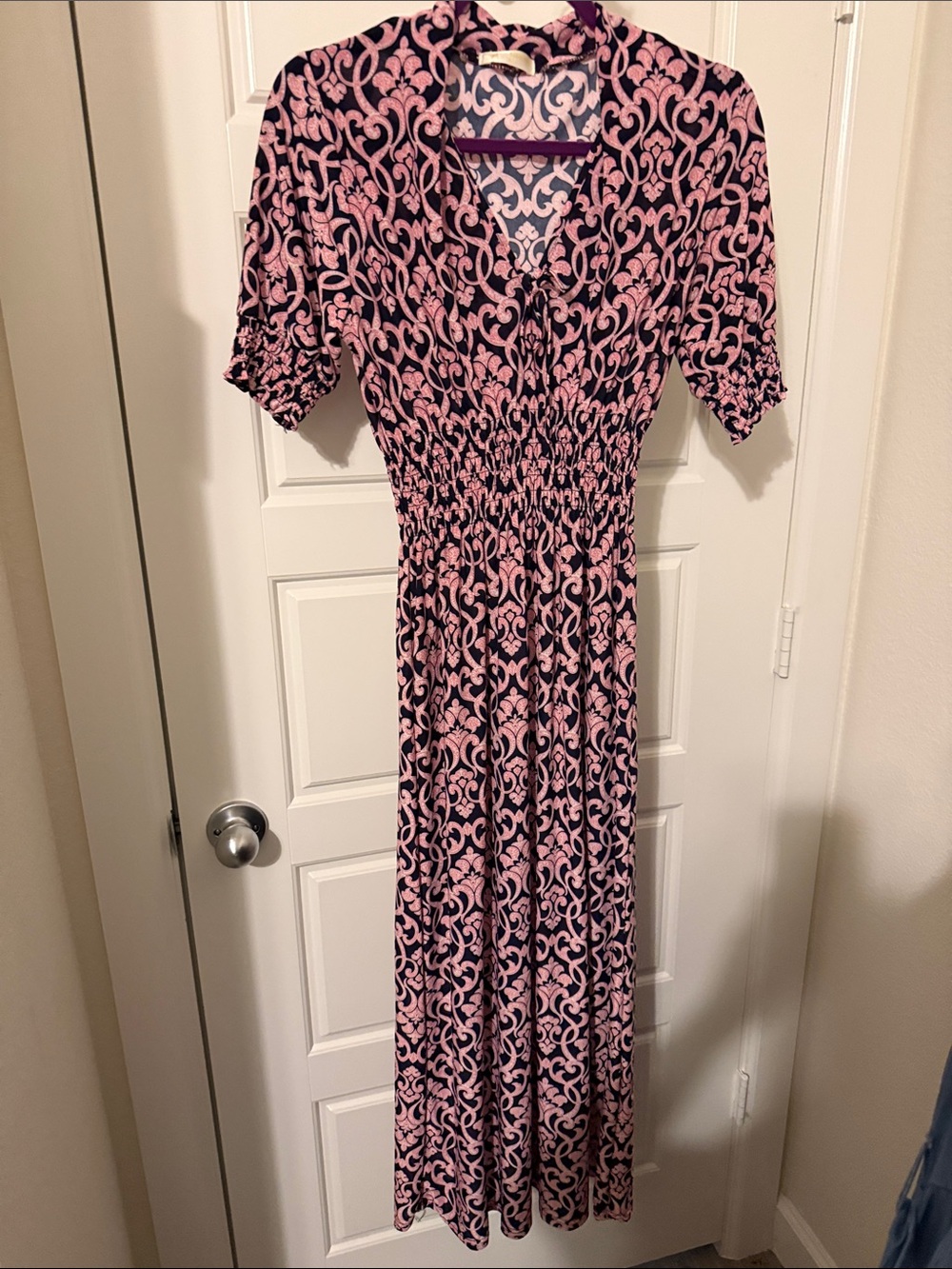 Women's Pink and Navy Printed Maxi Dress with Smocked Waist